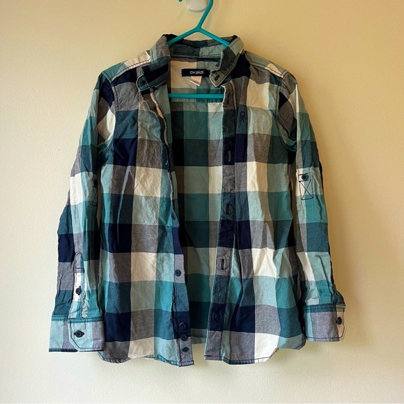 🌼 5/$25 Okaïdi Boys Plaid Button Down Shirt Size 5Y Blue Checkered Casual Cotton - Picture 1 of 11
